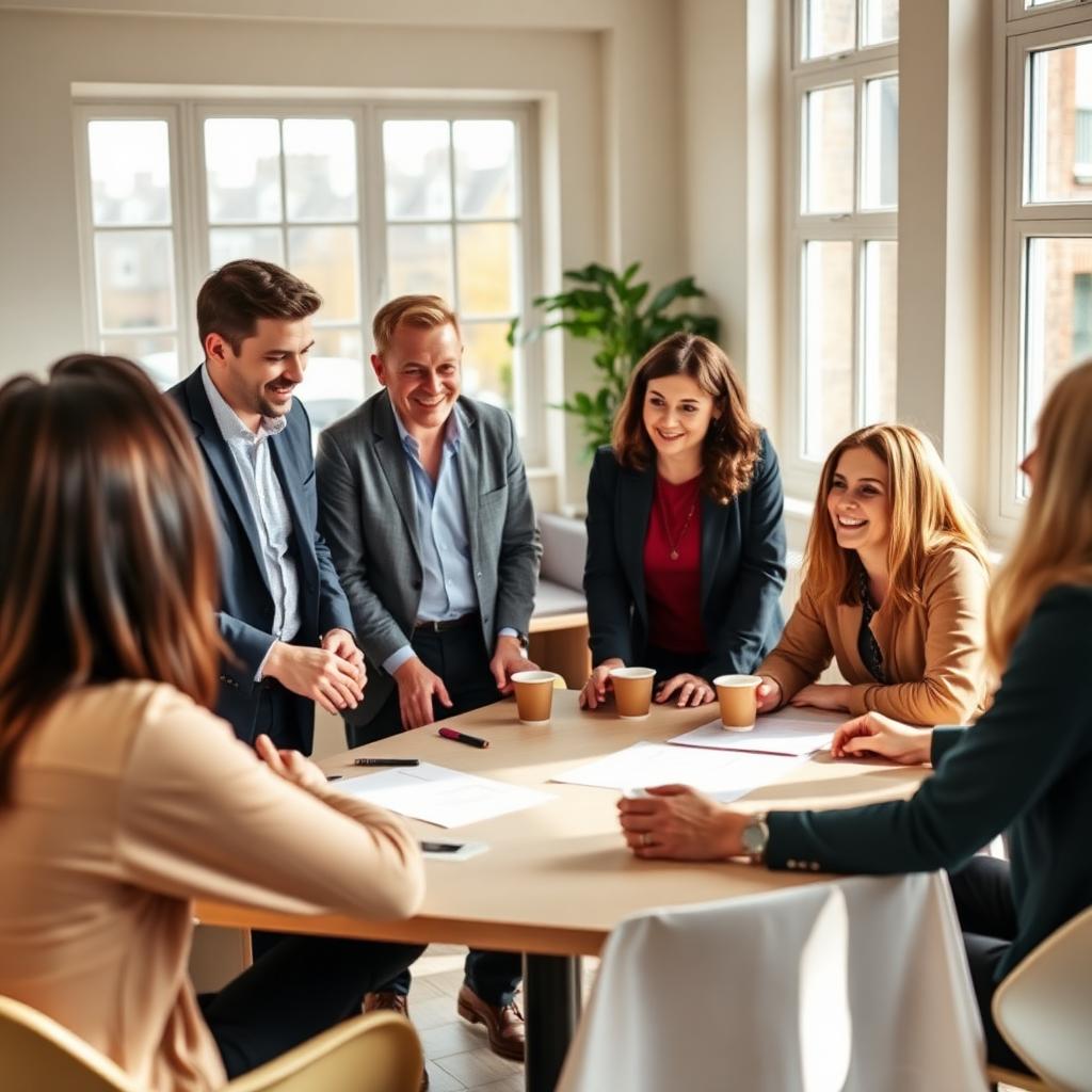 Medewerkers van een bedrijf en jeugdwerkers werken samen rond een tafel in een lichte gemeenschapsruimte.