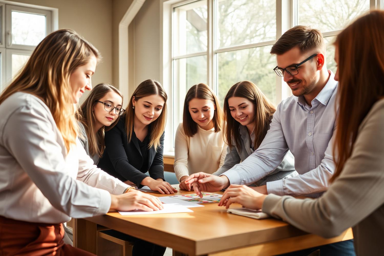 Medewerkers van een bedrijf en jeugdwerkers werken samen aan een teambuildingactiviteit in een lichte gemeenschapsruimte.