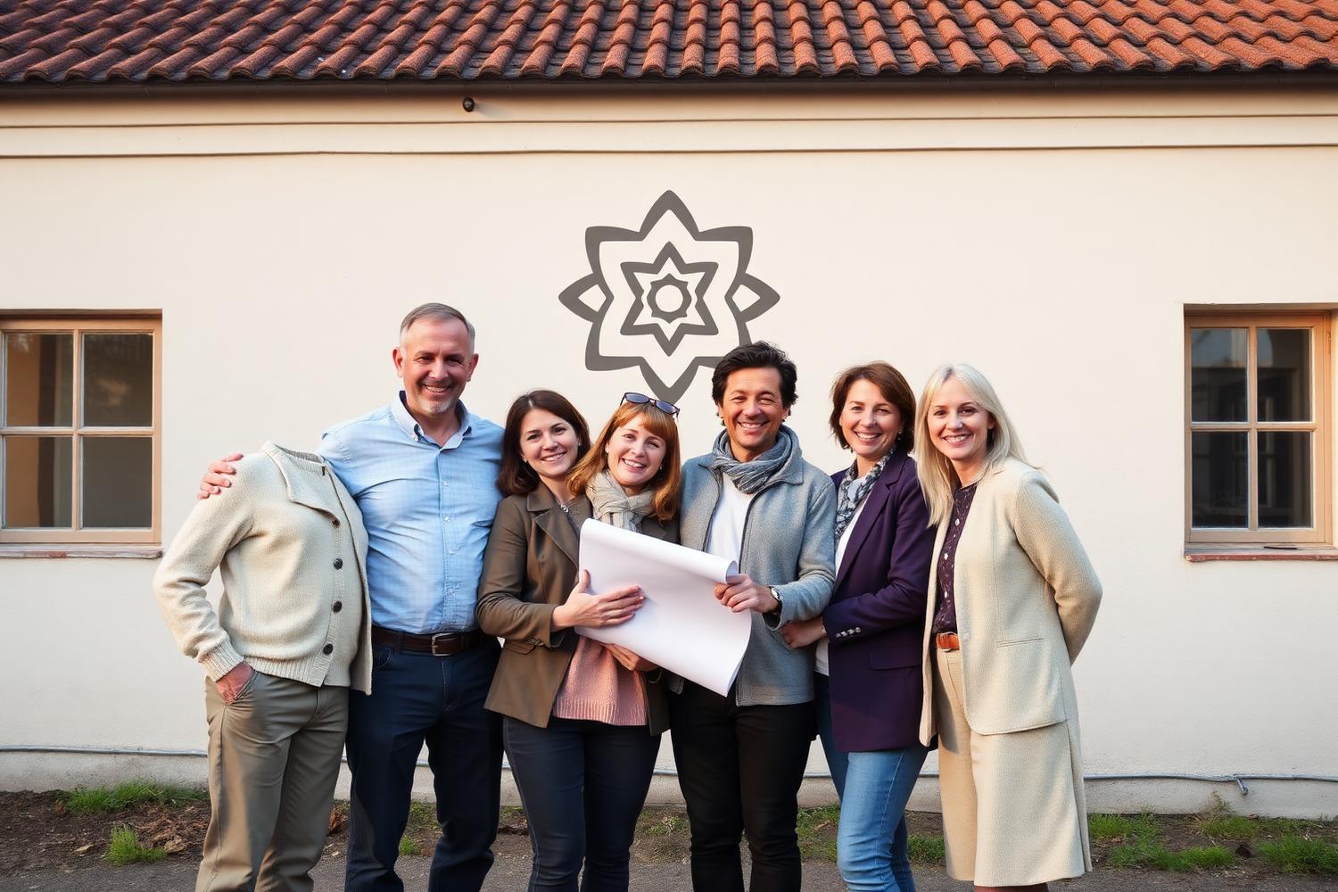 Voorbeeldbeeld: bedrijfsmedewerkers en jeugdwerkers staan samen buiten voor een gebouw met een fictief abstract logo, in een warm middaglicht.