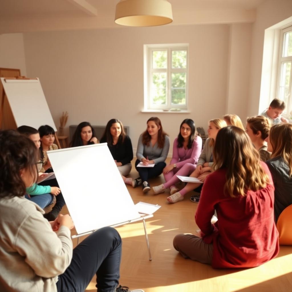 Werkgroep van jeugdwerkers en jongvolwassenen in een lichte ruimte, samen in gesprek rond een flipchart tijdens een gezamenlijke workshop.