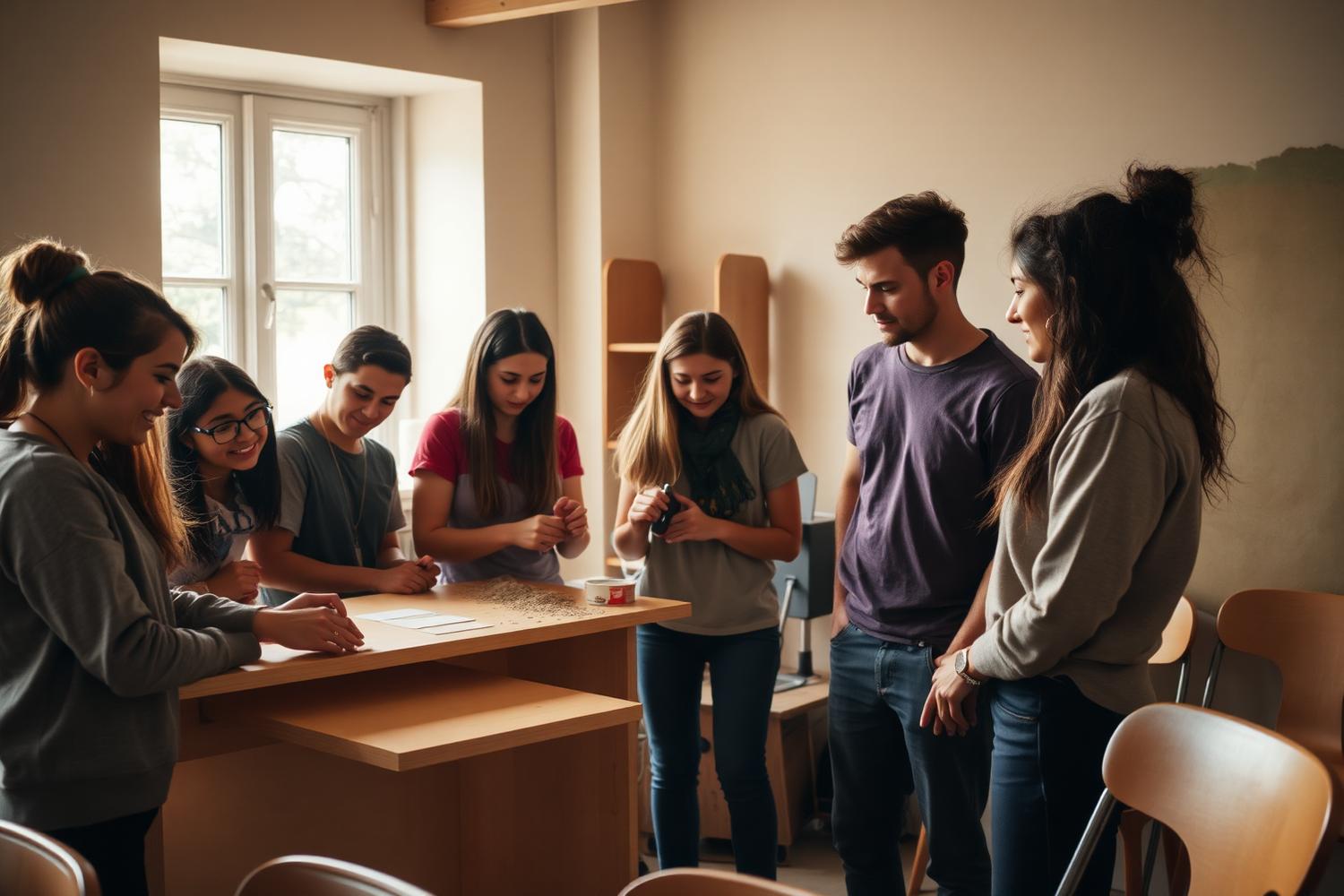 Diverse groep jongeren en jeugdwerkers die samen iets opbouwen in een lichte Belgische buurtruimte.