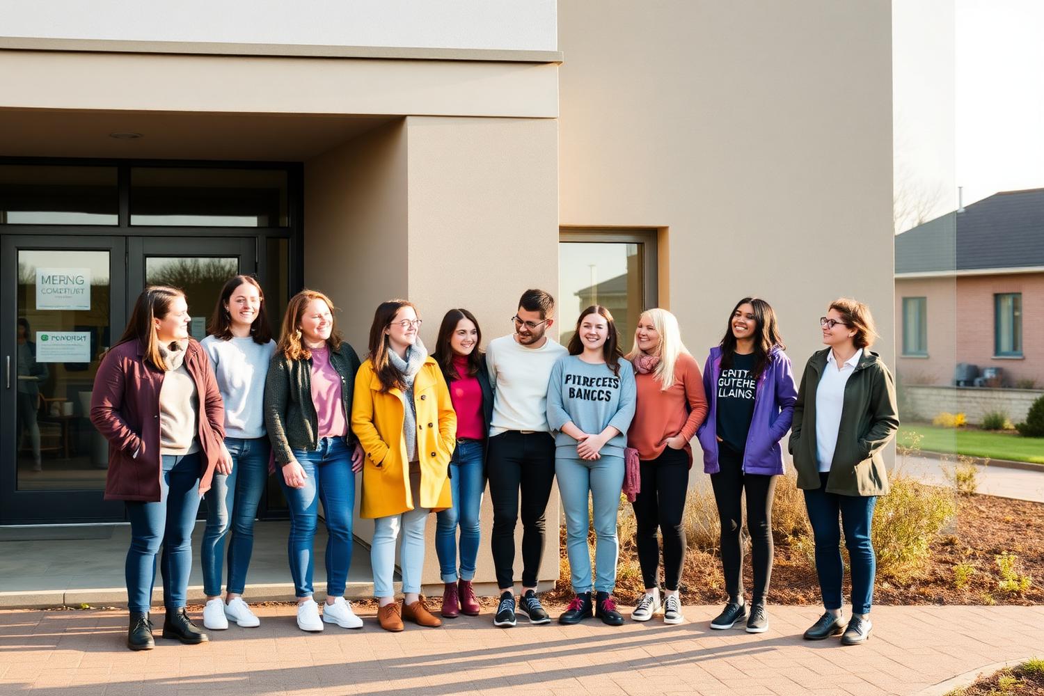 Diverse groep oprichters en vrijwilligers van jeugdorganisaties uit Vlaanderen en Brussel voor een gemeenschapsgebouw.