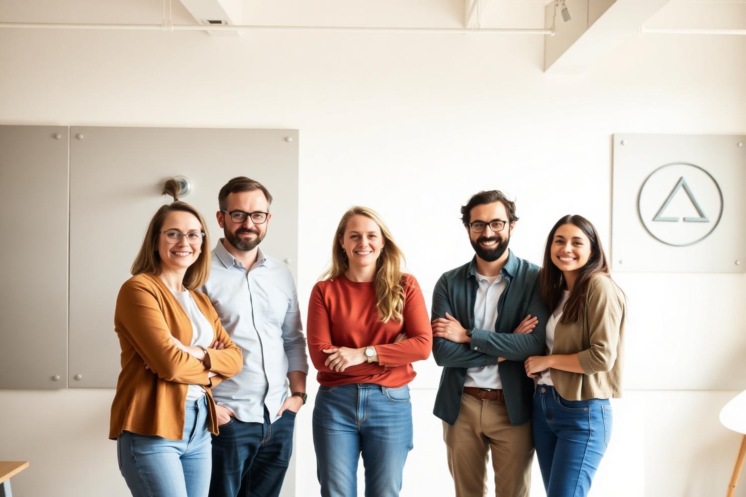 Voorbeeldbeeld: gemengde groep bedrijfsmedewerkers en jeugdwerkers staat samen in een lichte werkruimte, met een fictief abstract logo op de wand.