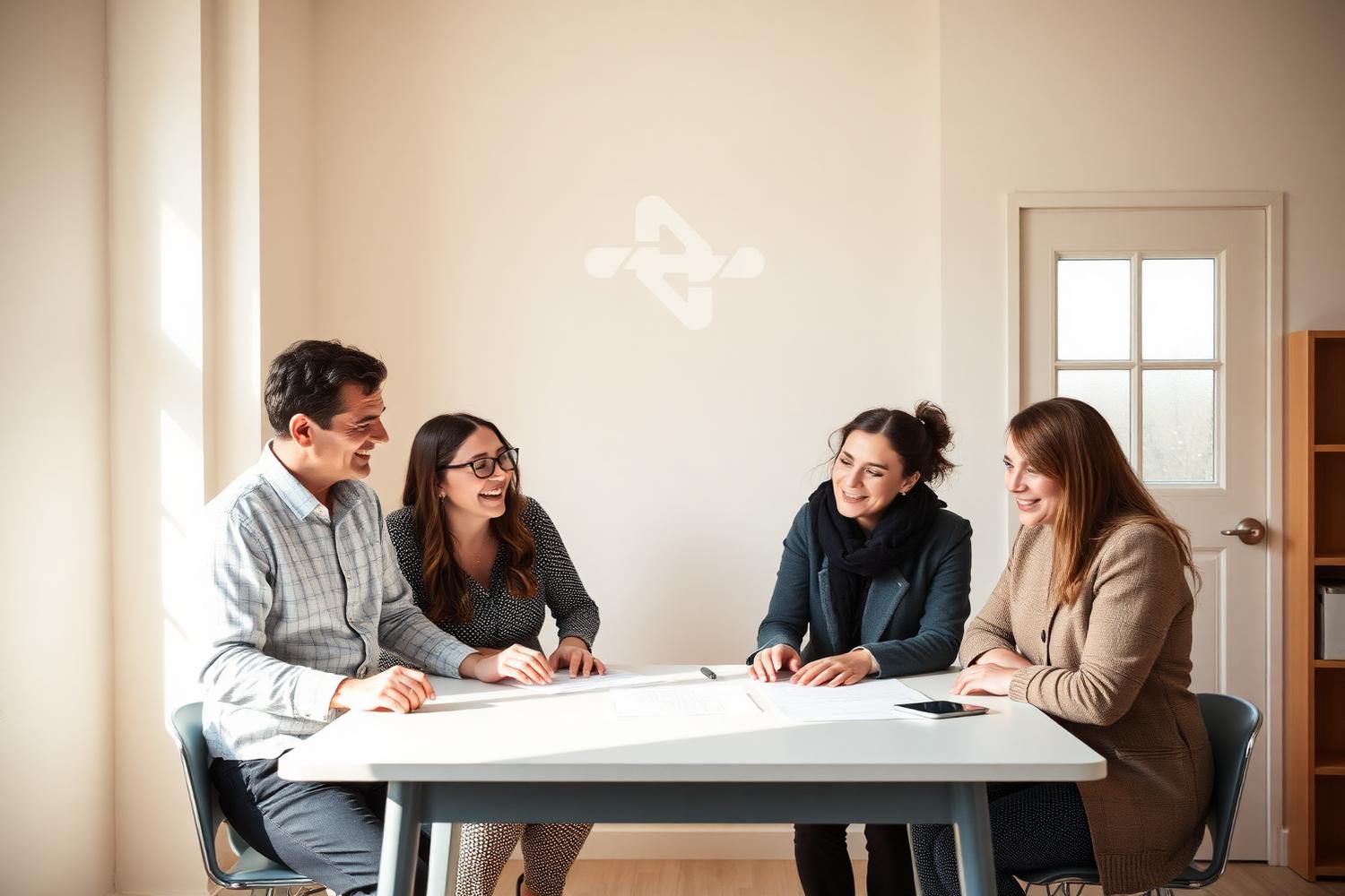 Voorbeeldbeeld: bedrijfsvrijwilligers en jeugdwerkers werken samen aan een flipchart in een lichte gemeenschapsruimte, met een fictief abstract logo op de achtergrondwand.